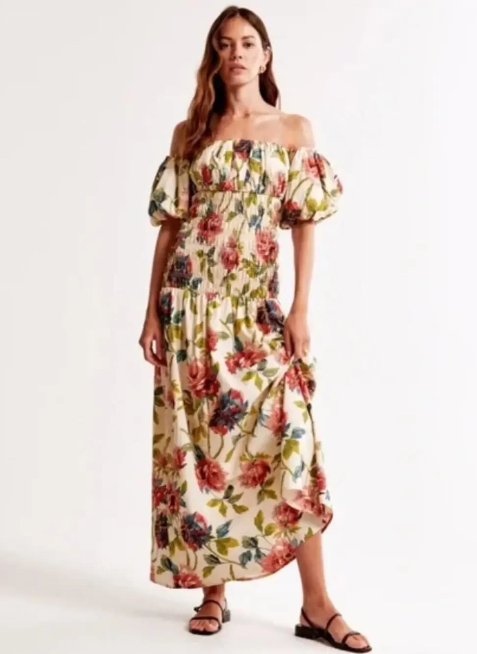 Abercrombie & Fitch Smocked Drop-Waist Puff Sleeve Floral Maxi Dress Size MP